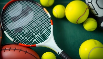 Close up of a tennis racket surrounded by bright yellow tennis balls and a baseball on a green surface