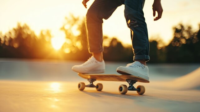 A group of teenagers energetically practicing various skateboarding tricks and stunts at a local skatepark surrounded by the warm glow of the setting sun in an urban environment - Powered by Adobe