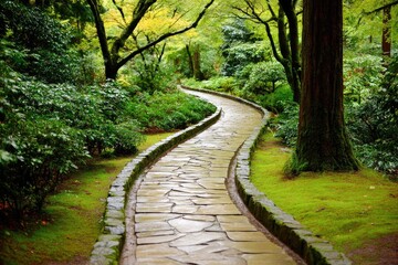 Obraz premium Serpentine stone path winds through lush, autumnal garden