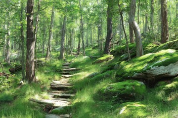 Obraz premium Sunlit forest path with mossy rocks