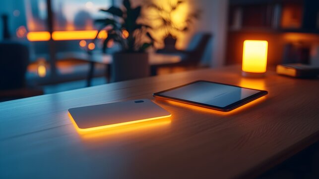 Glowing tablet and smartphone on a wooden desk with warm lighting in a modern office setting.