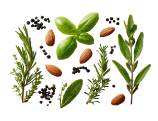 Colorful arrangement of fresh herbs, almonds, and peppercorns.  Bright green basil leaves, sprigs of rosemary and thyme, and scattered almonds and black peppercorns are artfully placed