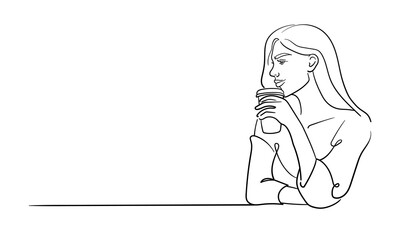 Woman drinking coffee, continuous line art, isolated on white background. Line art drawing. Vector illustration