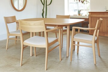 A light wooden dining table with four chairs and cactus decorations, a round mirror and corner cabinets in the background, presenting a modern and minimalist interior layout