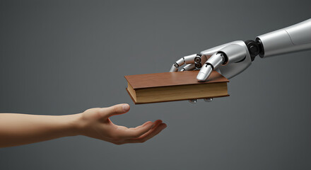 Robotic hand gives book to a human. Artificial intelligence provides knowledge. AI assistant, knowledge, future innovation.