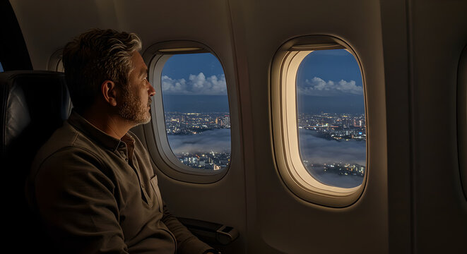 Man looking out of airplane window at night city lights and clouds from above during his journey and travel. - Powered by Adobe