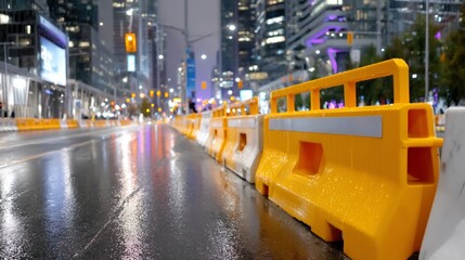 Rainy city street scene with wet road, barriers, & tall buildings at night