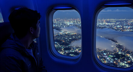 Young asian man on an airplane looking out the window at a city lit up at night under a cloudy sky. Travel and journey concept.