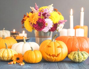 A vibrant autumnal display of carved pumpkins, colorful flowers, and candles on a rustic table.