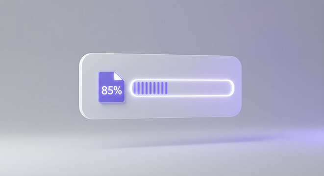 An 85 percent file download completion bar with a document icon. Data transfer or progress concept. Digital technology design.