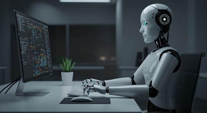 Robot typing on computer keyboard. AI working with coding and data analysis. Future of artificial intelligence in programming and business. - Powered by Adobe