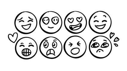 Hand drawn emoji faces with various expressions emotions