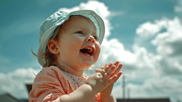 Happy infant enjoying playtime outdoors in bright sunshine