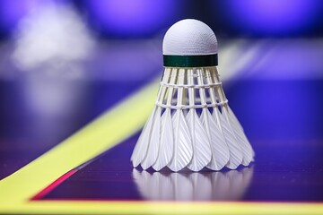 Close up of a white badminton shuttlecock on a vibrant court surface ready for a dynamic match representing sportsmanship and precision during competitive play indoors