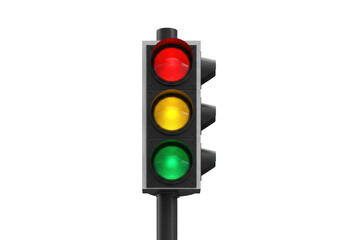 Isolated traffic light with red yellow green showing stop wait go regulation sign