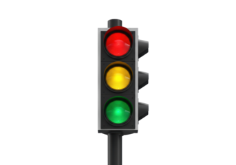 Isolated traffic light with red yellow green showing stop wait go regulation sign