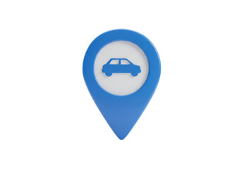 Isolated car-shaped pin for navigation or map locations related to parking or garages, blue color