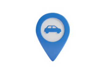 Isolated car-shaped pin for navigation or map locations related to parking or garages, blue color