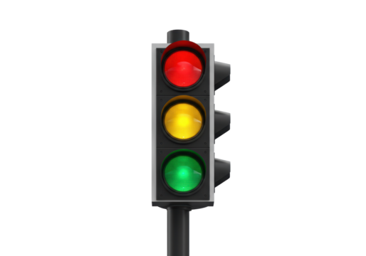 Isolated traffic light with red yellow green showing stop wait go regulation sign