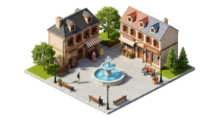 charming european village square isometric illustration of tranquil town life, isolated on transparent background