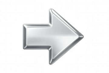 Shiny metallic silver arrow pointing to the right on a transparent background, perfect for indicating direction or progress