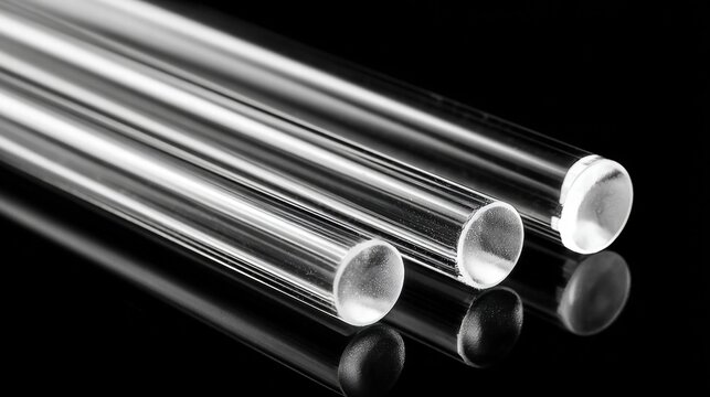 Transparent glass rods arranged against a black background with captivating reflections and details.