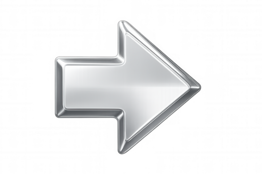 Shiny metallic silver arrow pointing to the right on a transparent background, perfect for indicating direction or progress