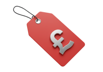 Isolated price tag with silver pound symbol on red, sale or retail offer in Great Britain