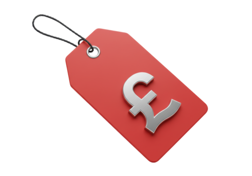 Isolated price tag with silver pound symbol on red, sale or retail offer in Great Britain