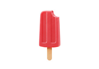 Isolated red popsicle on a stick with a bite taken out of it for summer snack dessert