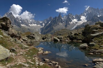 Fototapeta premium Alpine lake reflecting jagged peaks