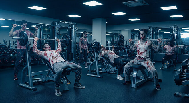 Fitness enthusiasts in zombie costumes working out in gym, Halloween lifestyle concept