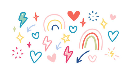 Playful doodle icons with hearts and rainbows lightning bolts