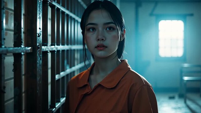 Young asian woman in orange prison uniform standing near metal bars, serious expression under cold light. Concept of justice and punishment