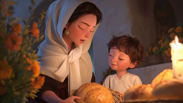 Woman and child placing offerings on an altar, celebrating Day of the Dead with pan de muerto and candles footage.