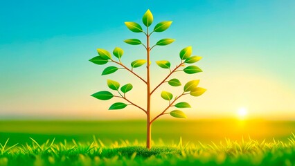 Obraz premium Green sapling grows in a vibrant field under a bright sunrise illuminating the morning sky