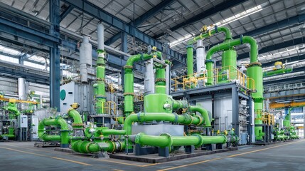 Fototapeta premium inside the industrial - style plastic waste pyrolysis plant, pipes conveying raw materials, energy conversion flowcharts above, background is robotic arm operation scene 