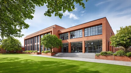 Fototapeta premium A contemporary building with a brick facade and expansive glass windows under a blue sky.