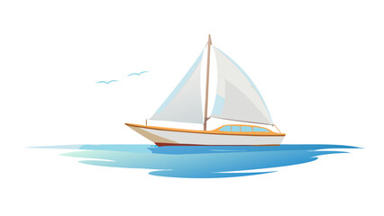 White sailboat on blue water with birds sailing ocean