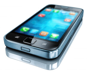 A sleek silver smartphone with a vibrant touchscreen display isolated on transparent background