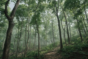 Naklejka premium Misty forest canopy with tall trees