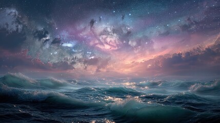 Surreal Ocean Waves Beneath a Cosmic Sky