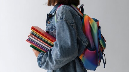 Side view of a faceless girl with a colorful backpack on a white background in a studio holding school books 