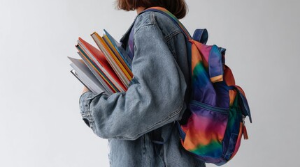 Side view of a girl with a colorful backpack holding school books 