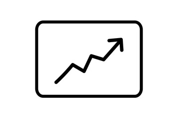 Black line graph with upward arrow in frame icon for business growth, stock market, sales progress, finance report, and data analytics presentation design