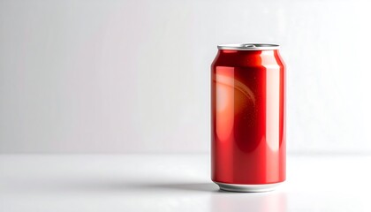 A glossy red beverage can stands alone against a plain white backdrop, showcasing a smooth, reflective surface and subtle design elements.