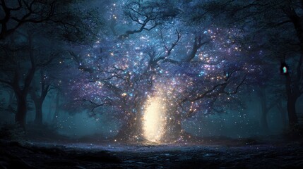 Enchanted Forest Path Illuminated by Glowing Starlight