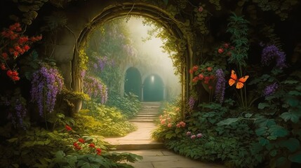 A beautiful secret fairytale garden with flower arches and beautiful tropical forest with colorful vegetation 