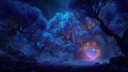 Enchanted Forest Path Illuminated by Glowing Starlight