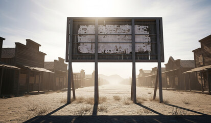 A weathered, derelict, and empty billboard stands in a deserted, post-apocalyptic ghost town, a powerful and moody symbol of decay and forgotten times.